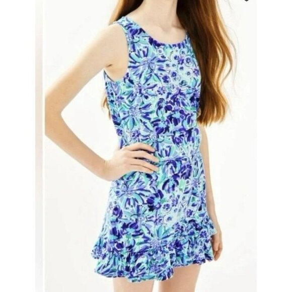 Lilly Pulitzer Other - Lilly Pulitzer Venecia Blue Ruffle Beach Tropical Romper Shorts Girls XL 12-14